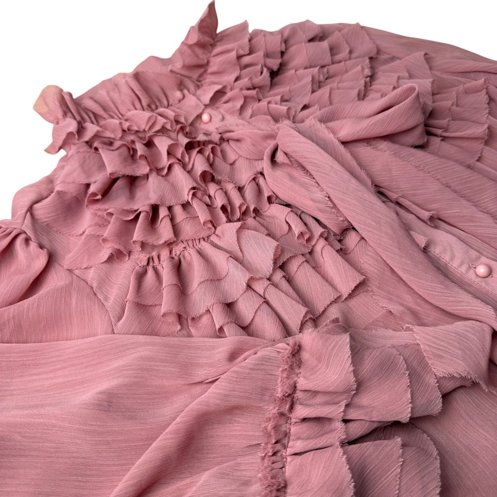 Victorian Ruffle Bib Blouse Womens 16 Dusty Rose Chiffon Bow Sheer Romantic